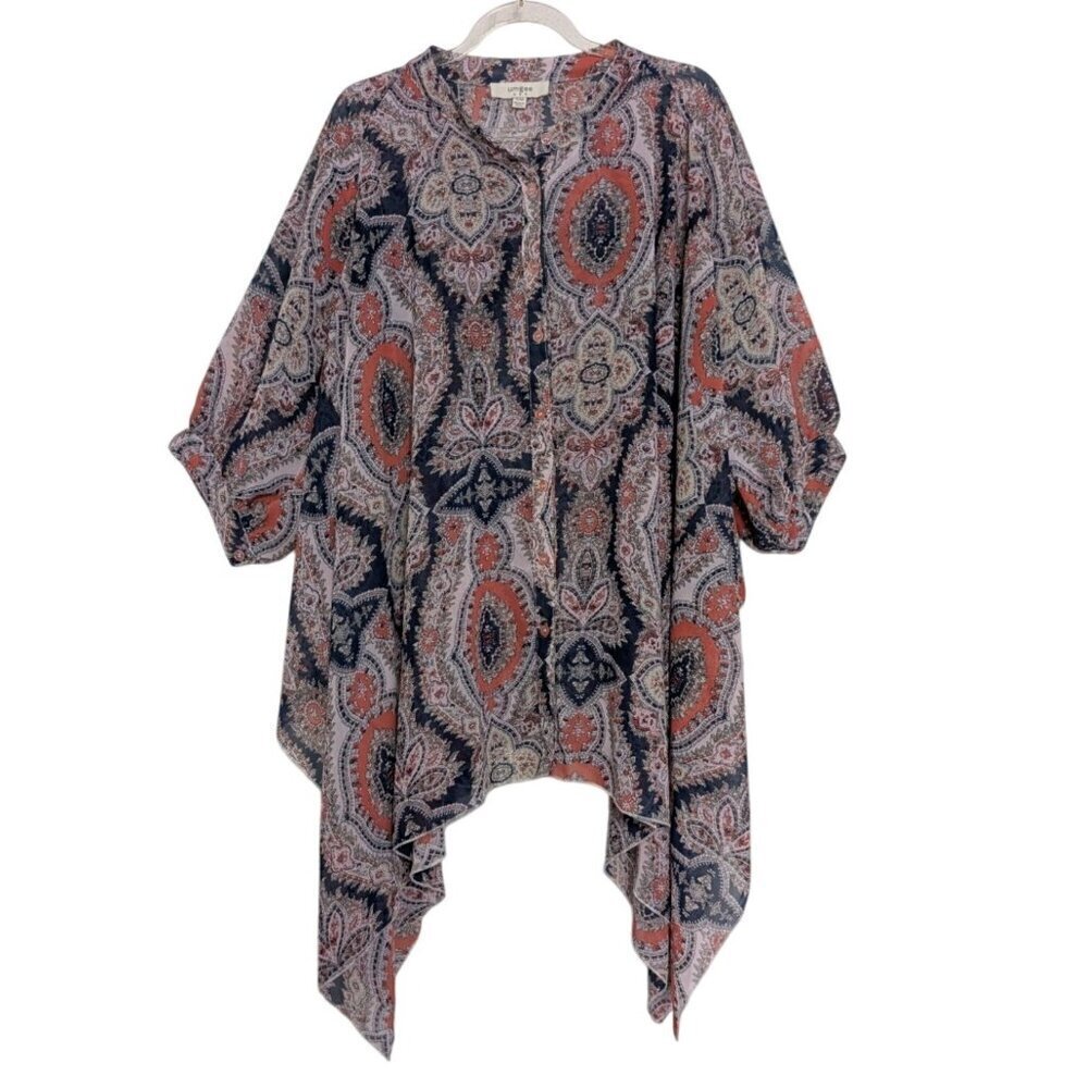 Umgee Sheer Oversized Shirt Womens Size S/M Pink Geometric Boho Sharkbite Hem